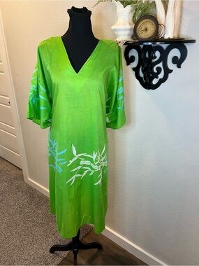 Caribelle Batik West Indies Green Kimono‎ Sleeve Kaftan Muumuu Dress O/S Beach